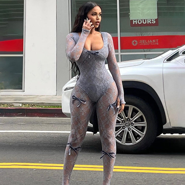 wish  new lace perspective jumpsuit women's bow tight sexy long-sleeved pants spring