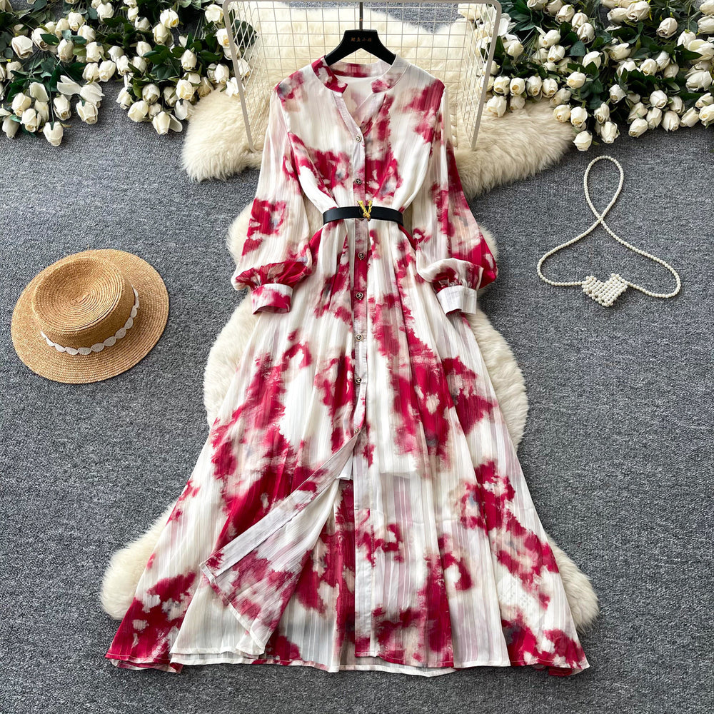 French-inspired, ombre print maxi dress - women's spring/autumn long sleeve v-neck, slim fit, elegant and chic