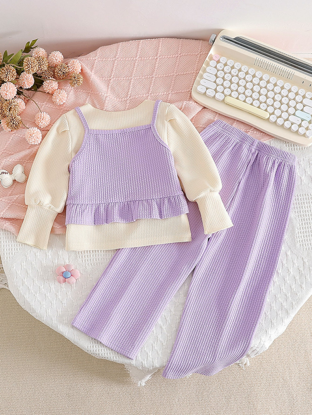 new autumn cross-border girls' 3-piece set: 3d floral cute camisole, long-sleeved top, and pants