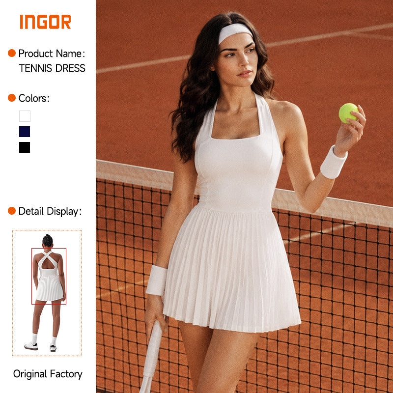 Spring/summer new anti-exposure short-sleeve one-piece tennis skirt - pleated running golf sports skirt - fashionable yoga skirt