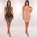 C6703 cross-border   fashion women's solid color mesh rhinestone halter mini dress