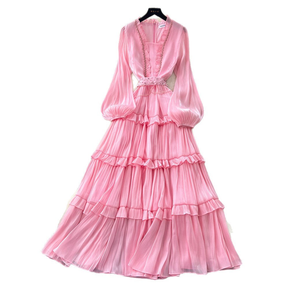 French sweet style pink lantern sleeve dress - women's spring/autumn cinched waist ruffle trim elegant cake dress - slimming