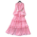 French sweet style pink lantern sleeve dress - women's spring/autumn cinched waist ruffle trim elegant cake dress - slimming