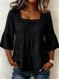 cross-border  summer solid color casual square neck cotton linen lace trimmed three-quarter sleeve top for women