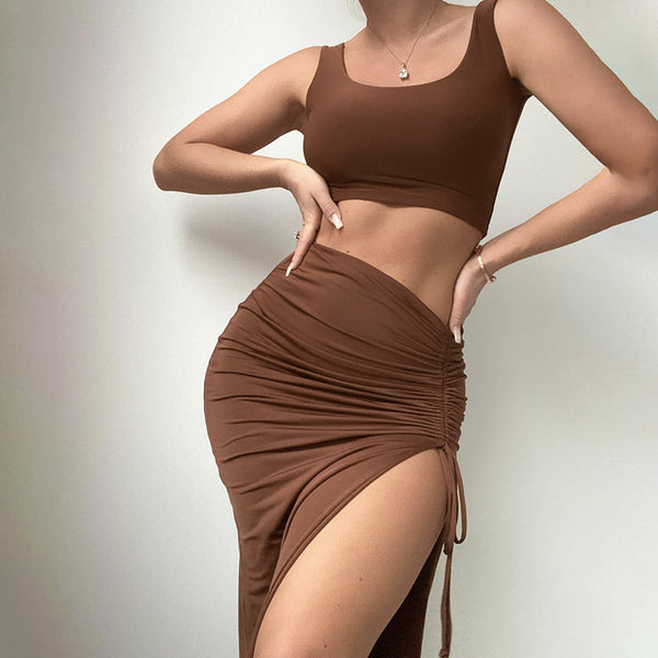 European and American fashion women's clothing 2025 summer  new slim-fitting exposed umbilical suspender top two-piece sexy skirt set