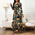 Women's elegant chain print v-neck tie-waist bodycon maxi dress, spring/autumn collection