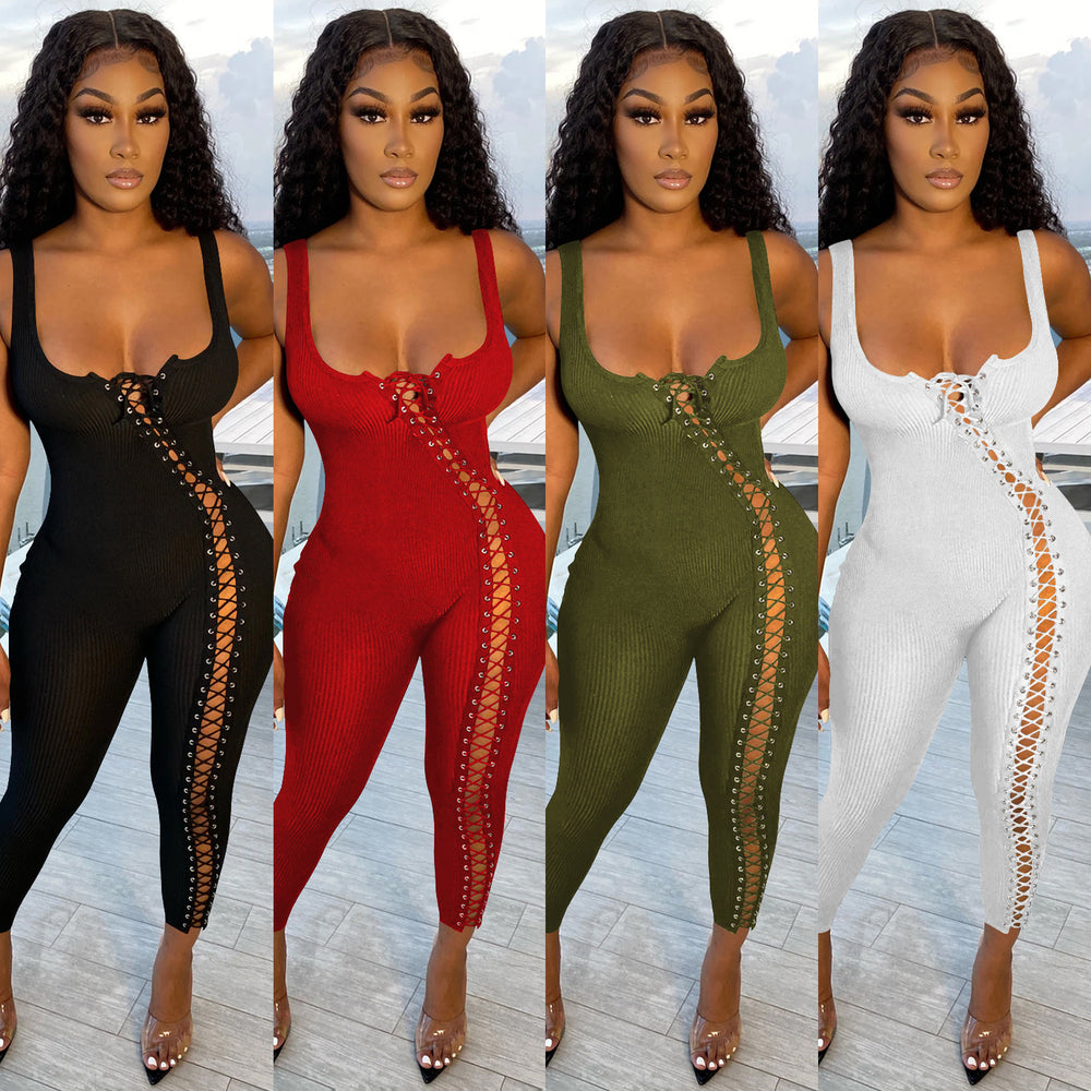 C5245    european and american women's fashion summer new sexy strappy hollow-out jumpsuit