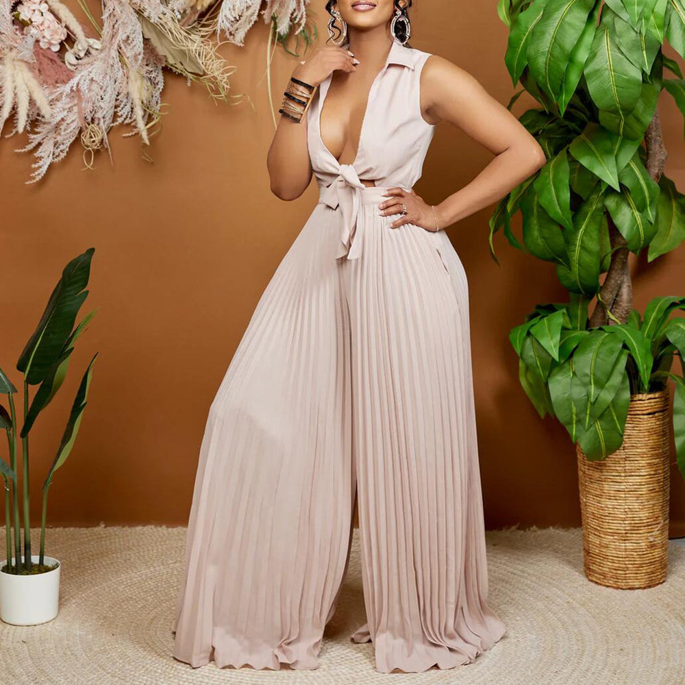 C8533 european and american style women's summer  new fashion v-neck long sleeve turn-down collar loose pleated wide leg jumpsuit - cross-border e-commerce item
