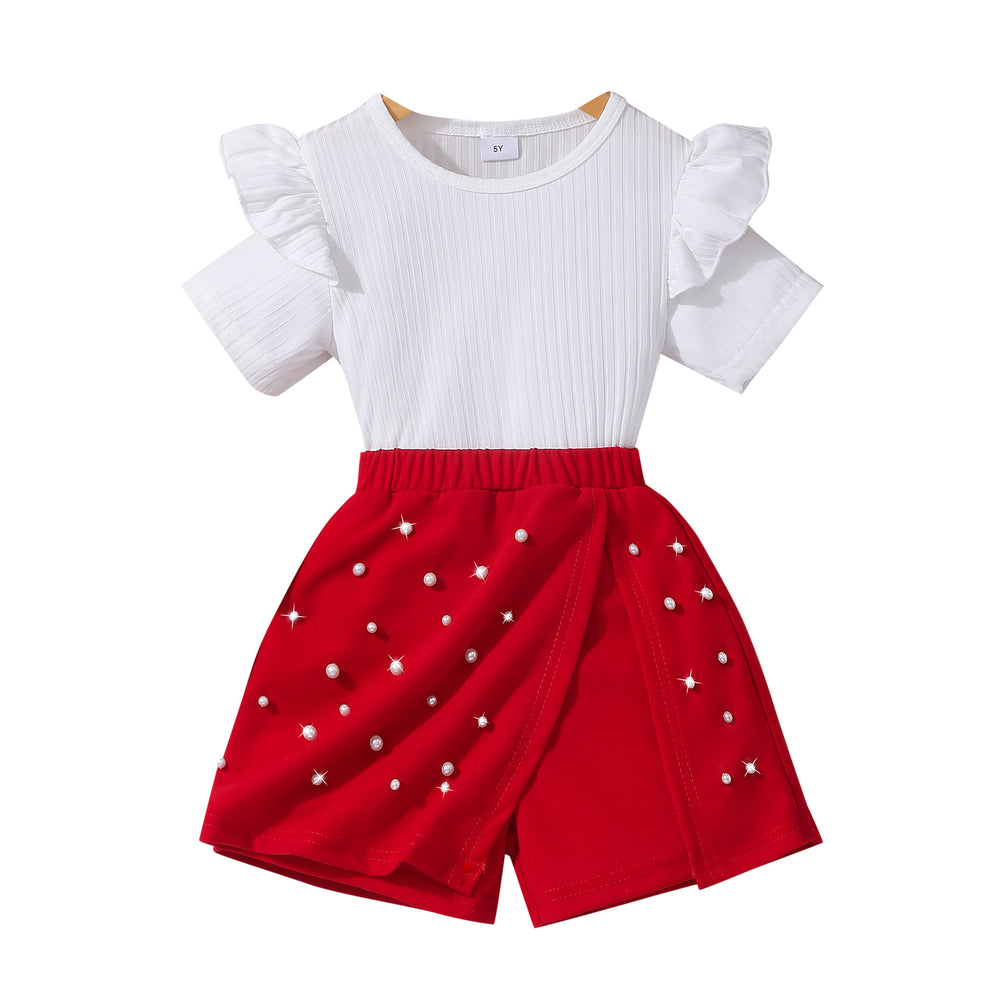 Girls' two-piece outfit: short-sleeve crewneck ribbed top + beaded culottes set