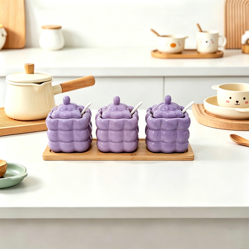 Original dopamine-themed thickened ceramic spice jar set with wooden stand - kitchen salt and seasoning containers with spoons - gift set