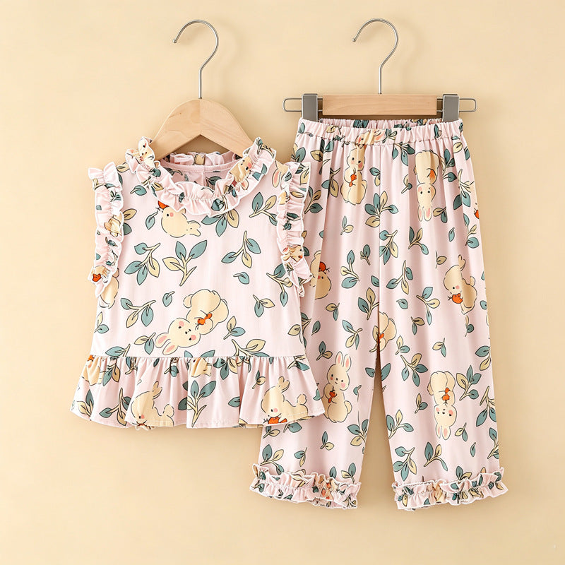 Girls' rayon outerwear set - cartoon print, loungewear, loose fit, breathable, cute summer lightweight lace pajamas