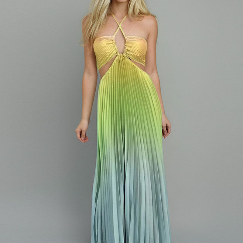 cross-border european and american women's clothing: women's summer maxi dress - gradient color halter neck pleated fashion vacation dress