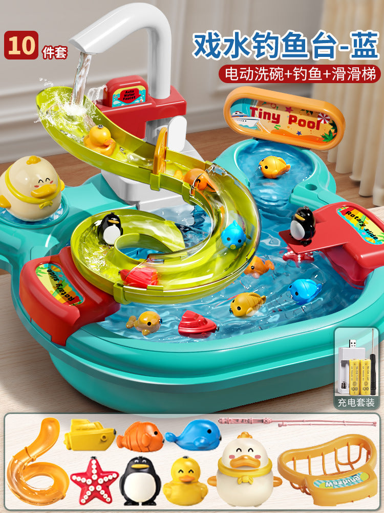 Kids electric dishwasher play house boys and girls kitchen fully automatic water play educational fishing toys water park