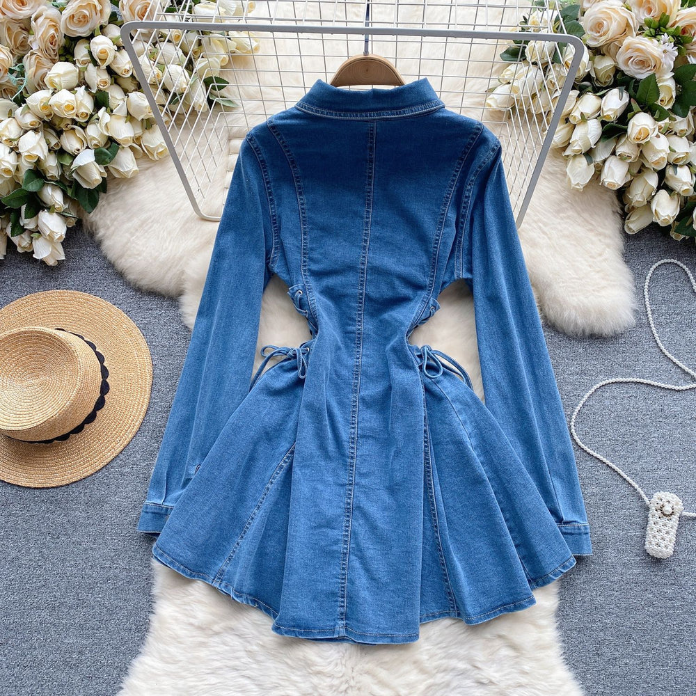 fashionfashion style retro denim skirt waist strap waist elegant buttoned silmshortdress