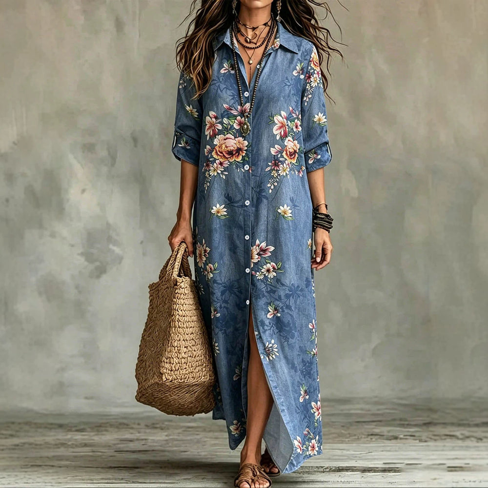 Plus size women's floral print maxi dress - denim-look fabric, turn-down collar, open front, loose fit, casual beach dress - wholesale available