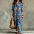 Plus size women's floral print maxi dress - denim-look fabric, turn-down collar, open front, loose fit, casual beach dress - wholesale available