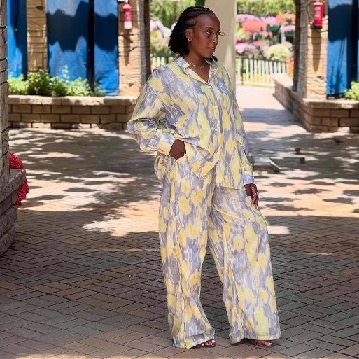 European and American fashion printing loose long-sleeved lapel cardigan shirt trousers women's suit African women's casual two-piece suit