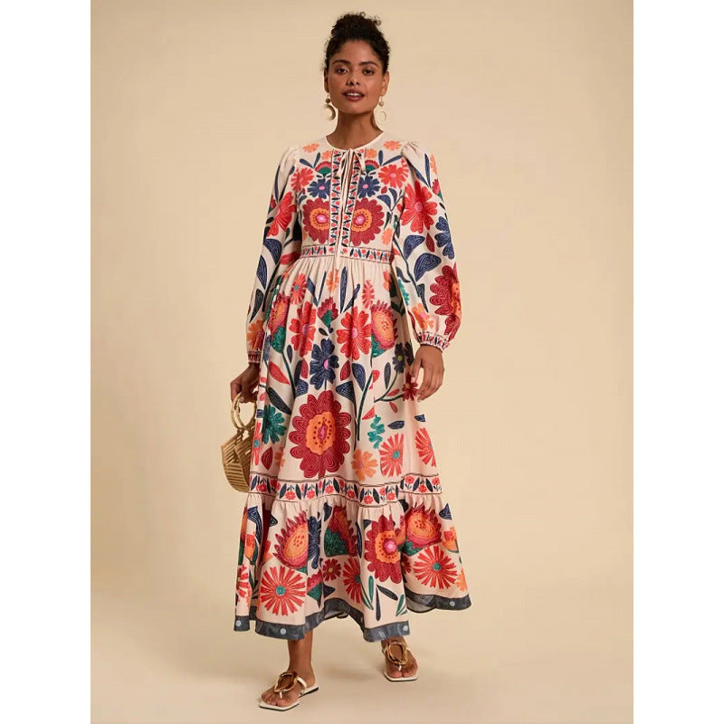 Shipped: cross-border e-commerce, , standalone store, printed maxi dress with long sleeves and tie-waist, casual style