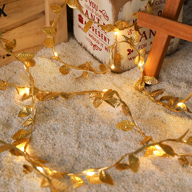 Cross-border simulation golden leaf copper wire light rattan leaf light string LED lights flashing modern simple decorative lights
