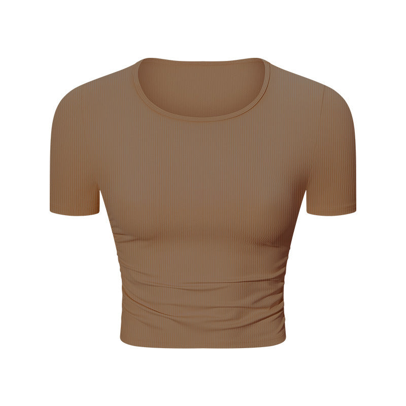 Spr ribbed micro-pleated waist short sports short-sleeved high-elastic naked-slim silmslimming look yoga topsds374