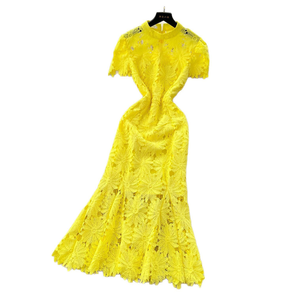 Frenchaccessible luxury celebrity heavy industry cut out crochet lace silmdress women's waist elegant mermaid dress long skirt