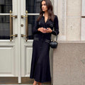 Exportfall and winterfrenchelegancecontrast colorlace collarlong sleeveselegant silmslimming lookblacklongknittingdress