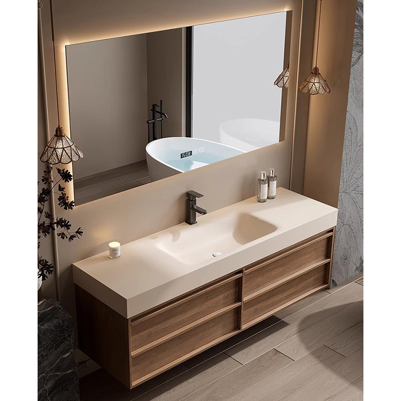 Retro medieval rock slab hot bending integrated basin bathroom cabinet combination solid wood bathroom washstand hand and face pool cabinet
