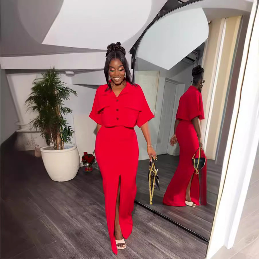 Amazon cross-border women's fashion  summer new arrival: lapel collar faux pocket shirt top & slim-fit slit midi skirt set