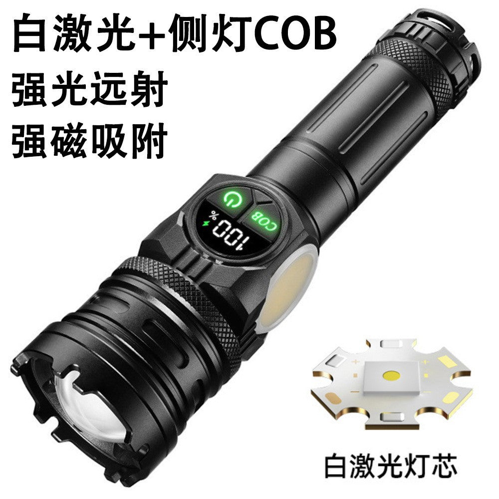 Cross-border new telescopic zoom white laser + COB strong light flashlight, outdoor long-range strong magnetic LED flashlight