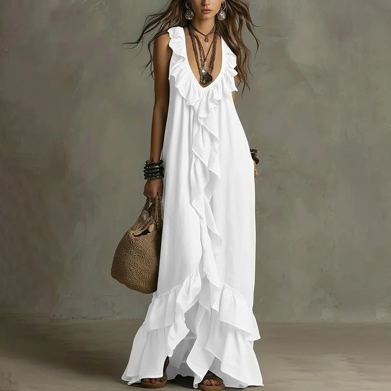 cross-border european and american women's clothing: new summer casual fashion v-neck sleeveless ruffle hem vintage maxi dress