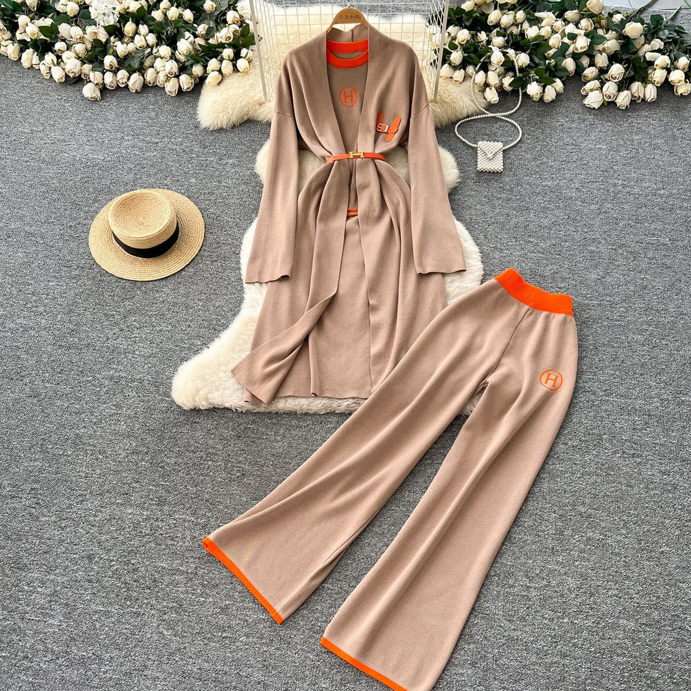European and american fashion color block crew neck short sleeve knit top + cinched waist longline outerwear jacket + high-waisted pants three-piece set