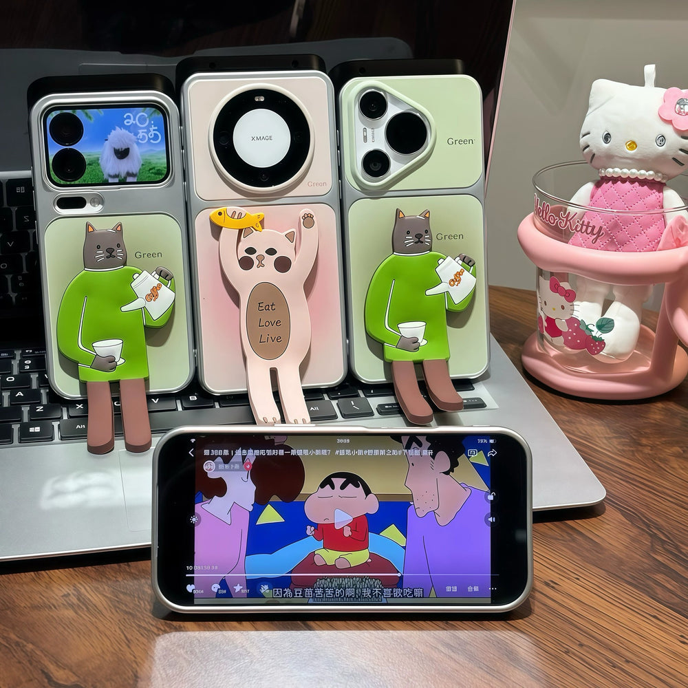 Coffee maker cat foldable stand compatible with apple 17 pro max phone case - "fish catching cat" iphone 16 soft case