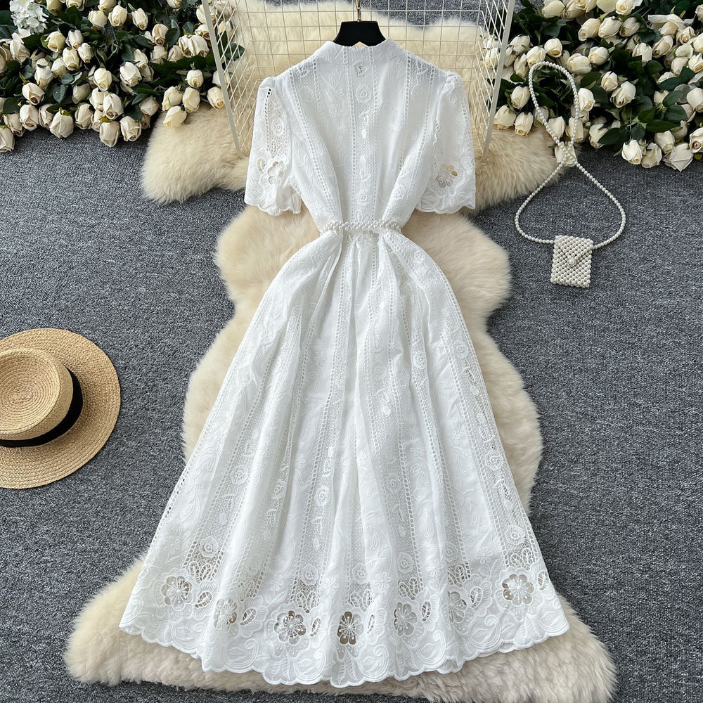 summer women's dress: unique, high-end, cutout embroidery, single-breasted, cinched waist, elegant knee-length maxi dress