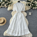summer women's dress: unique, high-end, cutout embroidery, single-breasted, cinched waist, elegant knee-length maxi dress