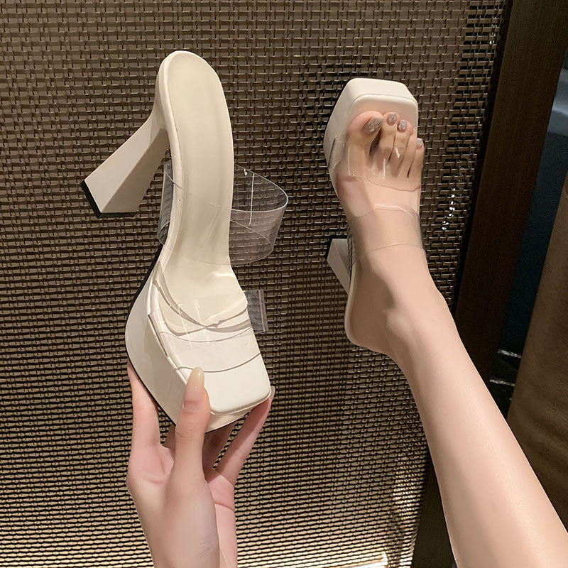 2026 women's summer new transparent ankle strap high heel slides, platform crystal chunky heel plus size sandals