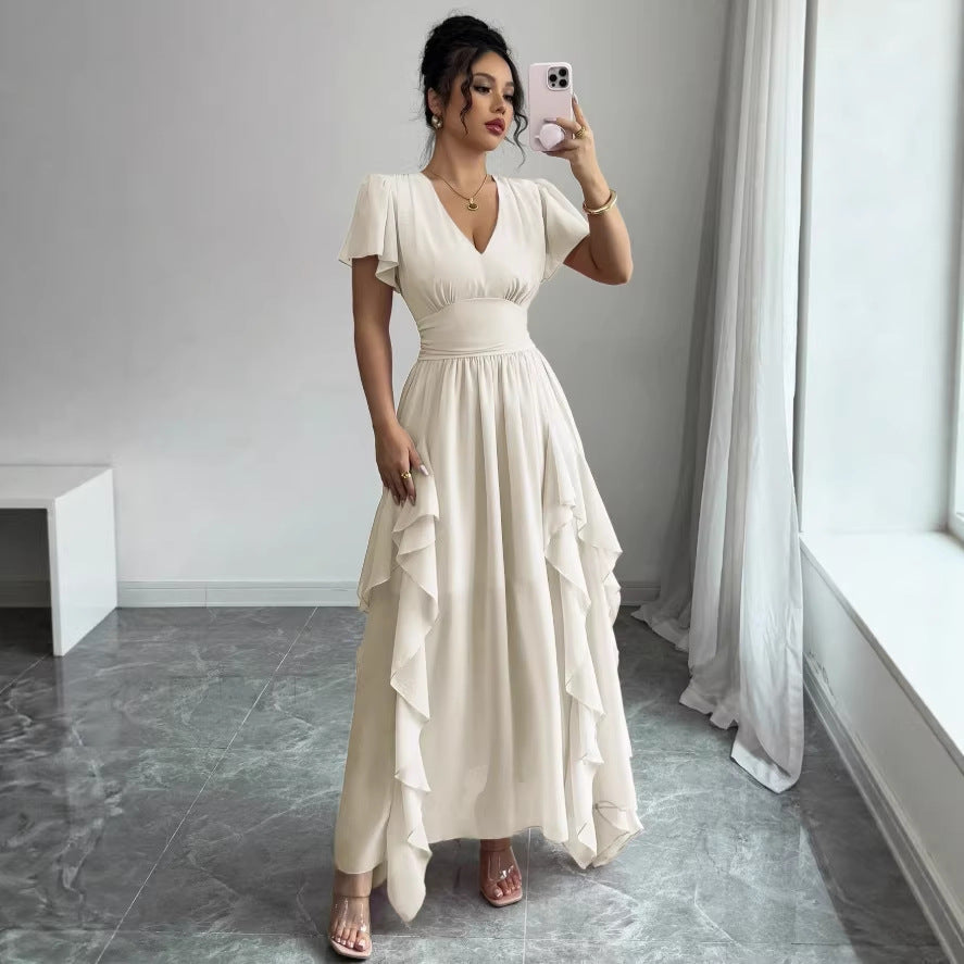 summer new arrival: v-neck slim-fit long dress - pleated, slimming, and fashionable