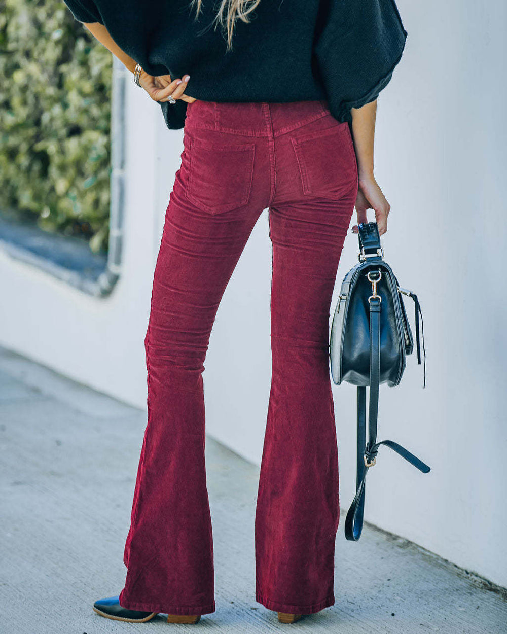 2025 spring/summer women's solid color high-waisted slim-fit cropped flare pants corduroy elastic waist casual trousers