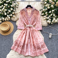 Frenchretrofashionable suit collar half length sleeves strap waist printingdress women's summer slimming look single-breasted short skirt