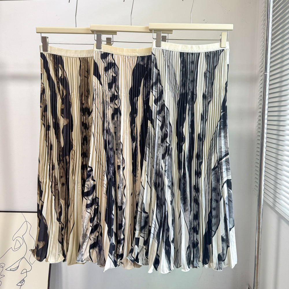 fashionretroprintingpleated elastic waist fashion skirt women's high waist a-line skirt work clothing long skirt summer