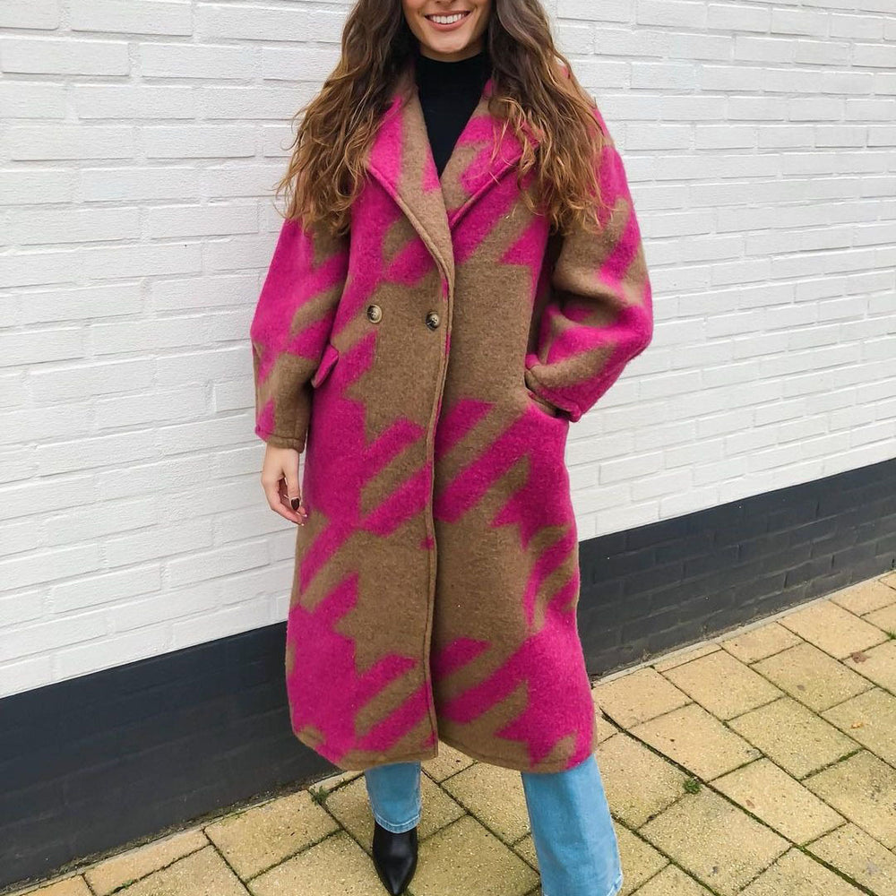 new european and american autumn cross-border women's clothing: various color-blocked fashion long-sleeve turn-down collar outerwear printed woolen coat