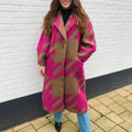 new european and american autumn cross-border women's clothing: various color-blocked fashion long-sleeve turn-down collar outerwear printed woolen coat