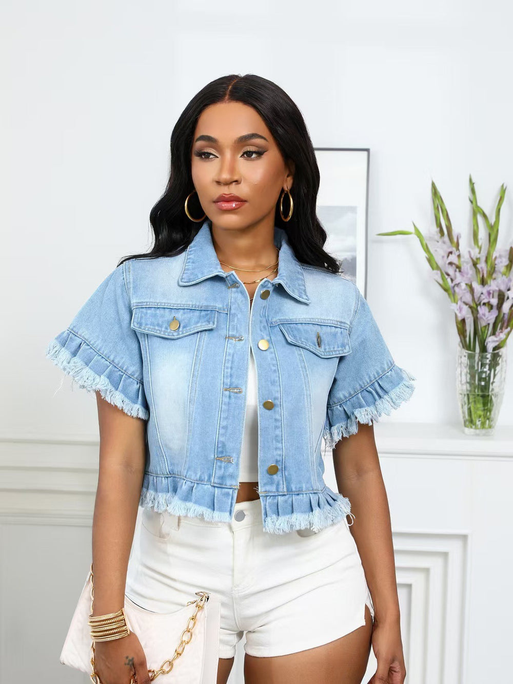 Amazon  cross-border fashion trendy turn-down collar washed fringe denim jacket shirt for summer (us/eu)