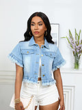 Amazon  cross-border fashion trendy turn-down collar washed fringe denim jacket shirt for summer (us/eu)