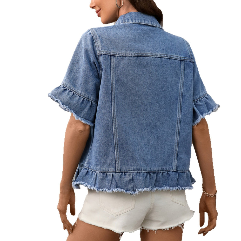 Fashion cross-border foreign trade  new style washed american hot girl  fringed hem short-sleeved denim outwear trendy