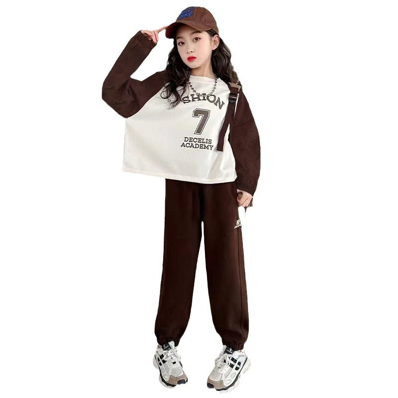 Girls' outfit  new style: trendy and stylish casual loose-fit hoodie and sweatpants set for spring and autumn, two-piece family matching outfit