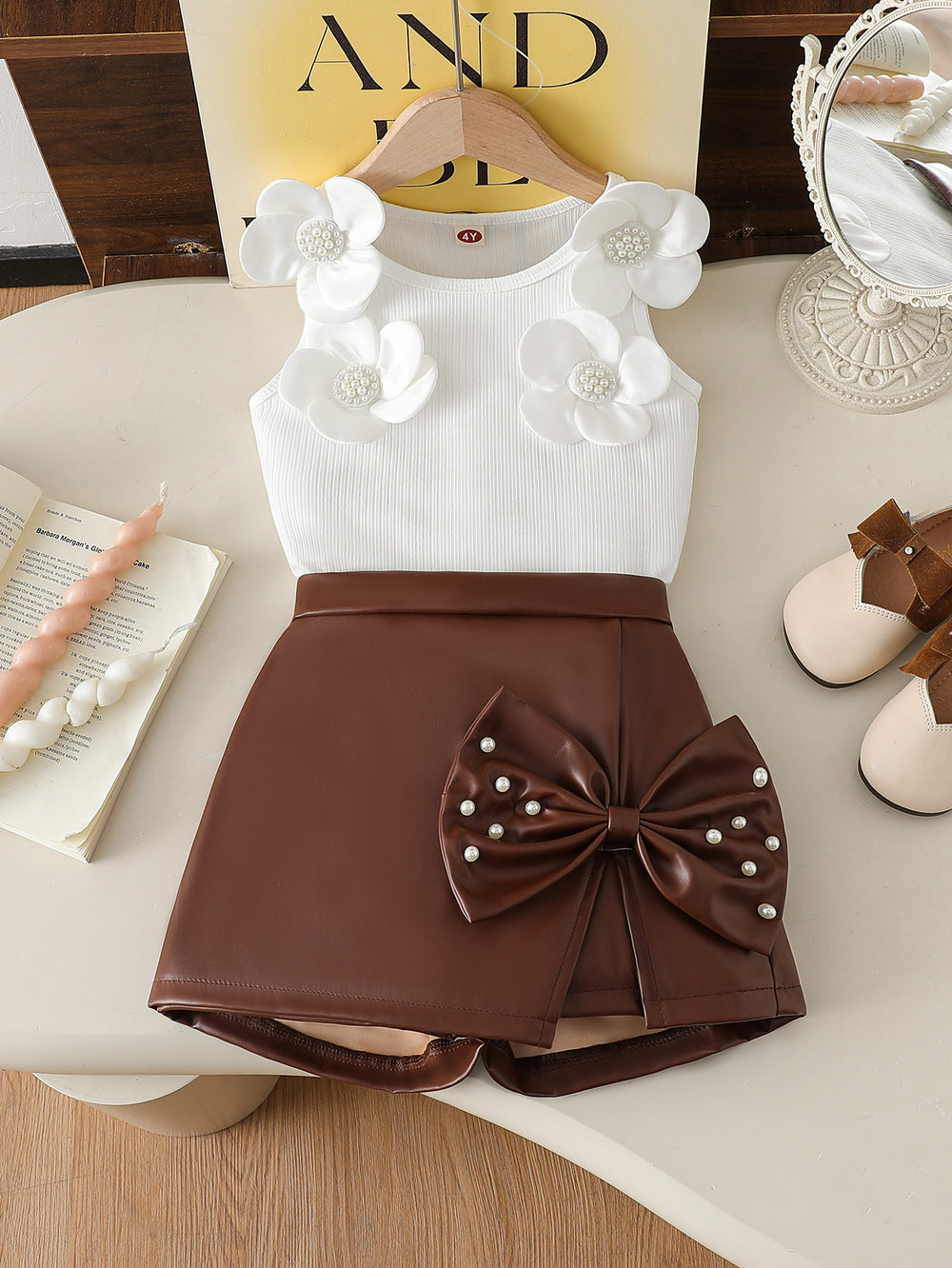 cross-border girls' fashion: european & american style floral solid top + irregular bowknot beaded leather skirt