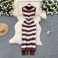 Goddess style elegantsilm round neck sleeveless color block stripesknittingdress women's summer tight hip tassel skirt