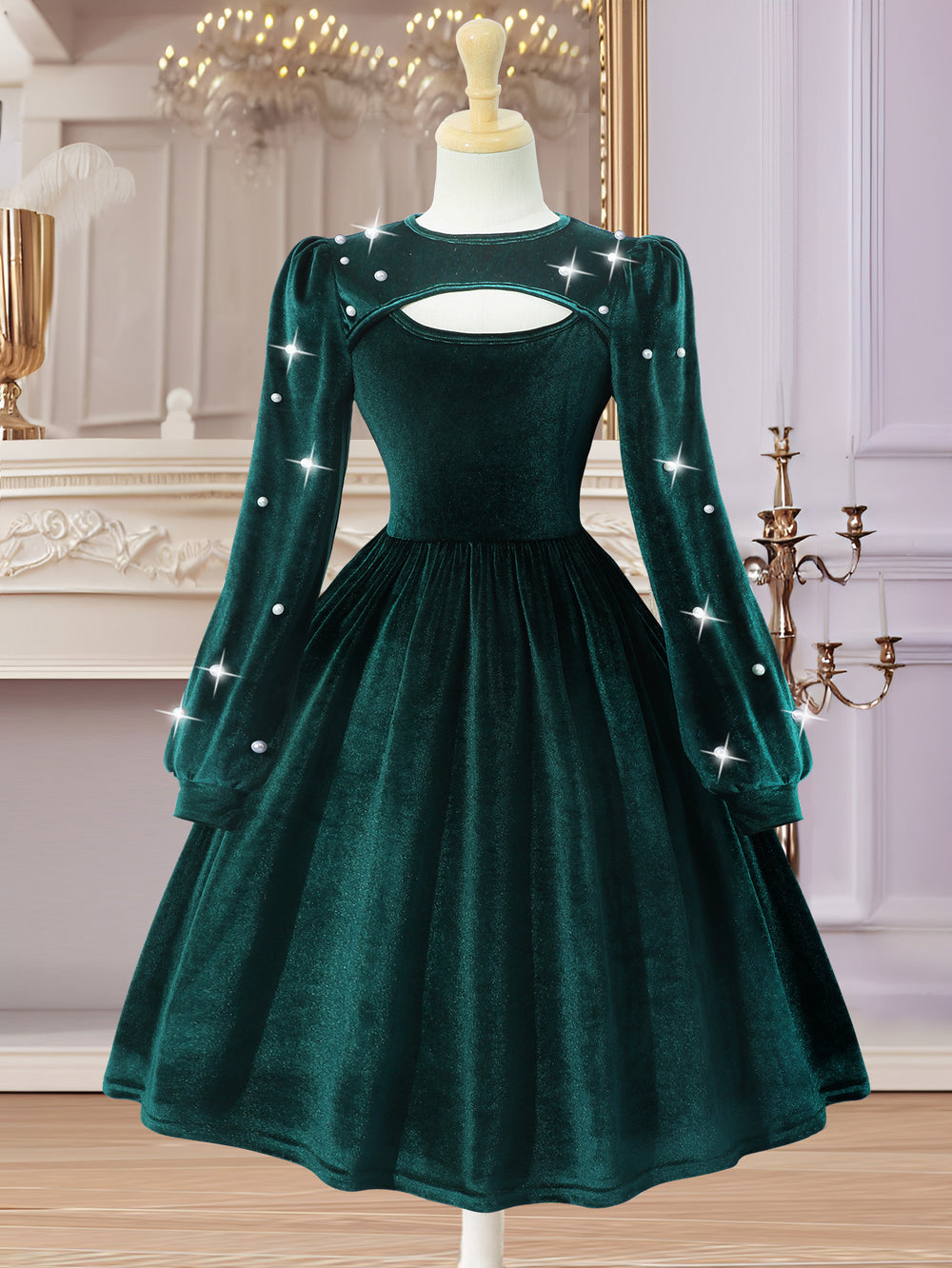 Girls' (tall) dress, pearl-embellished hollow-out round neck puff sleeve high-waisted dress