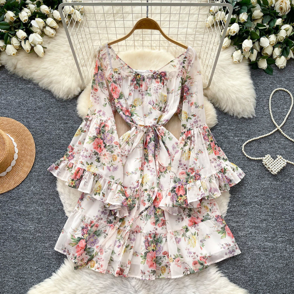 French romantic floral flared sleeve dress - women's spring/autumn cinched waist slimming tiered dress - elegant vacation style