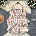 French romantic floral flared sleeve dress - women's spring/autumn cinched waist slimming tiered dress - elegant vacation style